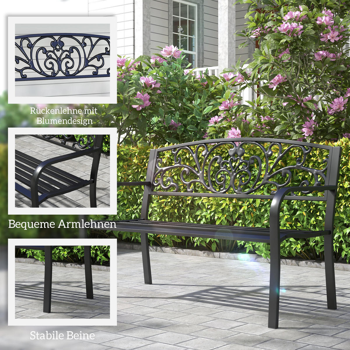 WETTERFESTE SITZBANK, bis 250 kg Belastbar, 127cm x 60cm x 87cm, Metall, Schwarz - Schwarz, Metall (60/87/127cm) - Outsunny