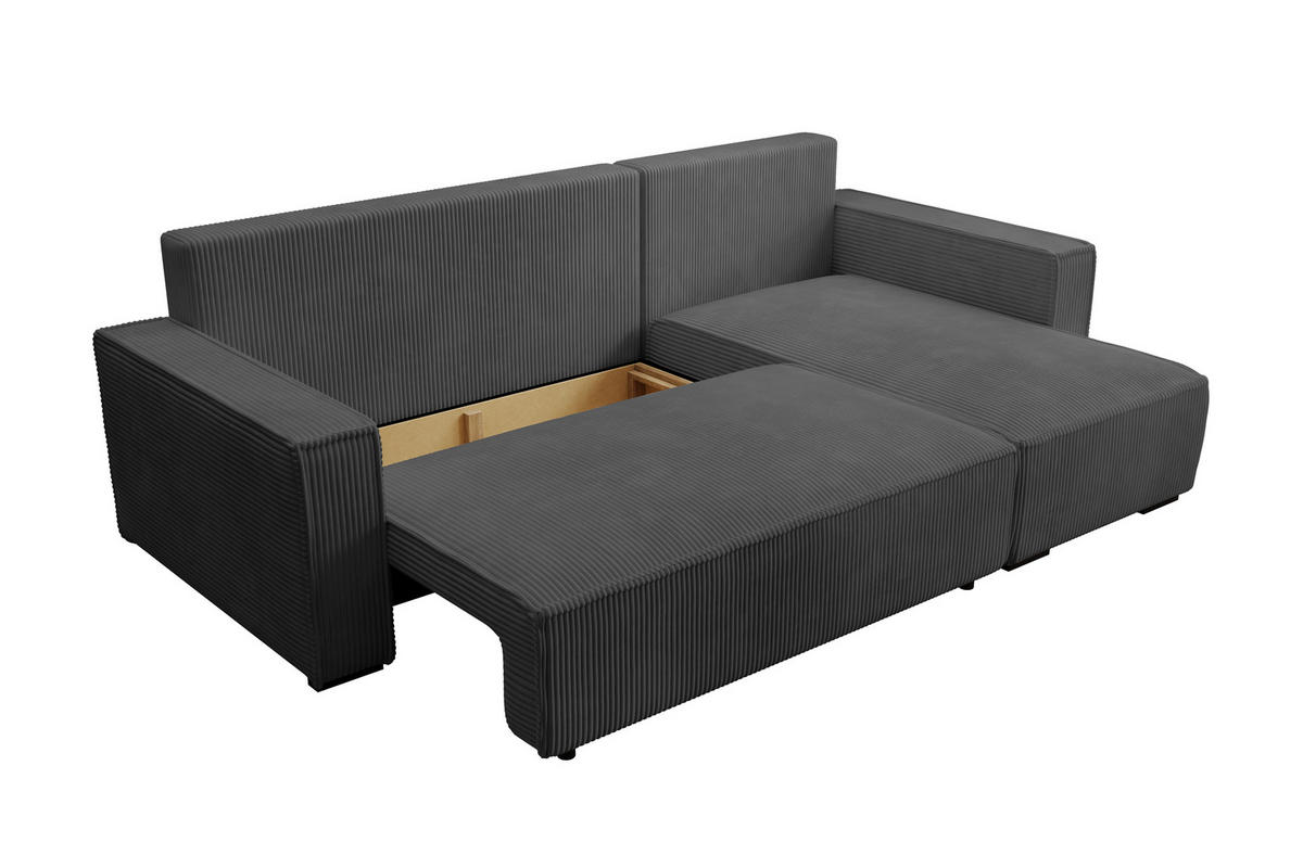ECKSOFA CUDDY L, Eckcouch in L-Form mit Schlaffunktion und Bettkasten, Farbe: Dunkelgrau, Cordstoff, Ottomane Rechts - Dunkelgrau, Textil (240/140cm) - Storez24
