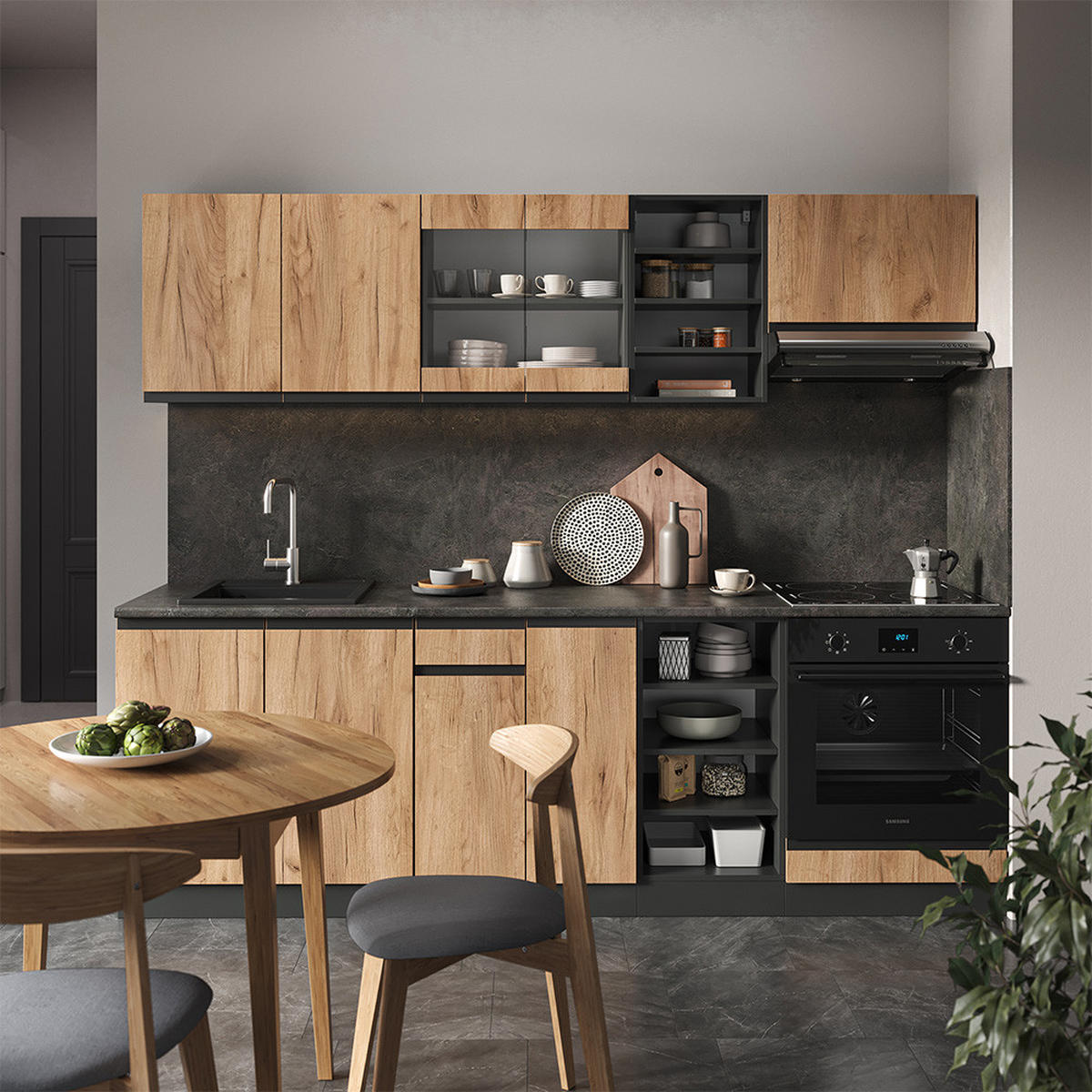 KÜCHENZEILE R-Line Goldkraft Eiche/Anthrazit 240 cm J-Shape - Anthrazit/Eiche Wotan, Holzwerkstoff (240/81.6/46cm) - Vicco