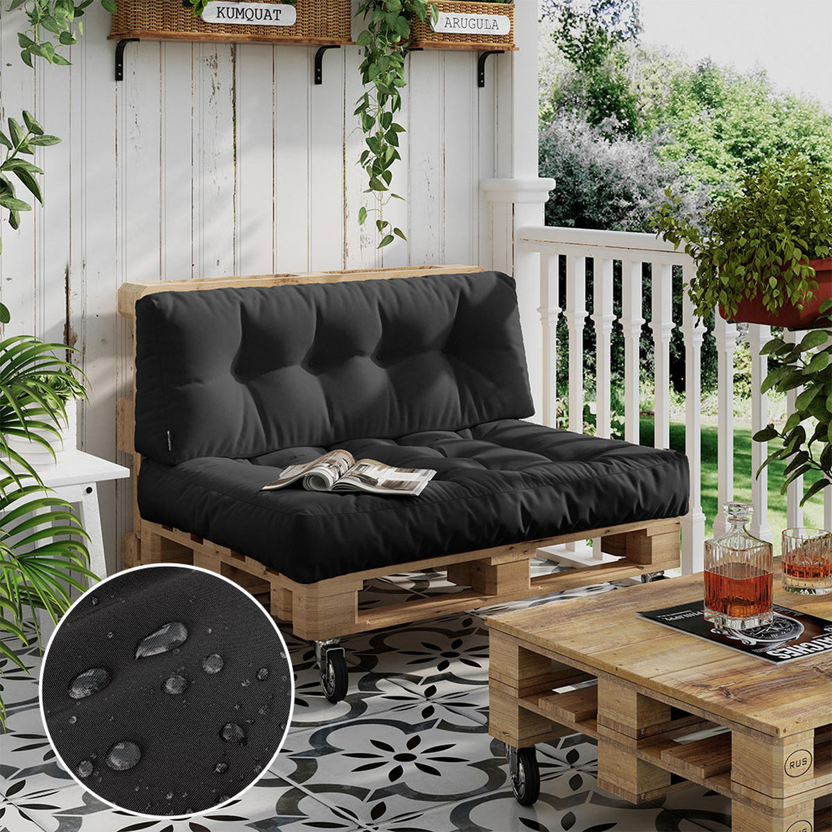 PALETTENKISSEN Ohio Anthrazit 2 Teile, wasserabweisend - Anthrazit, Textil (120/15/80cm) - Vicco