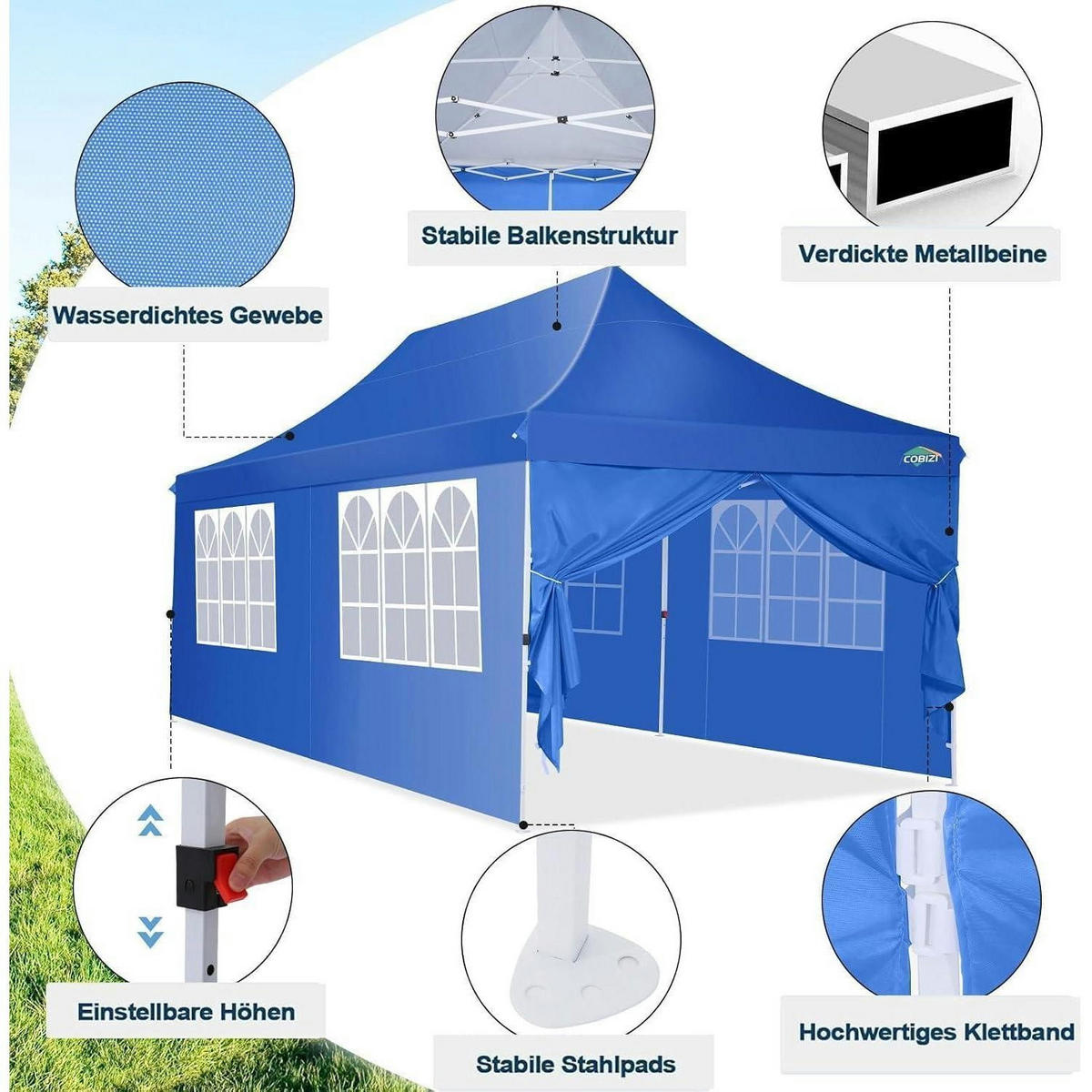 FALTPAVILLON 3 x 6 m Blau Wasserdicht UV-Schutz - Blau, Textil (300/300/600cm)