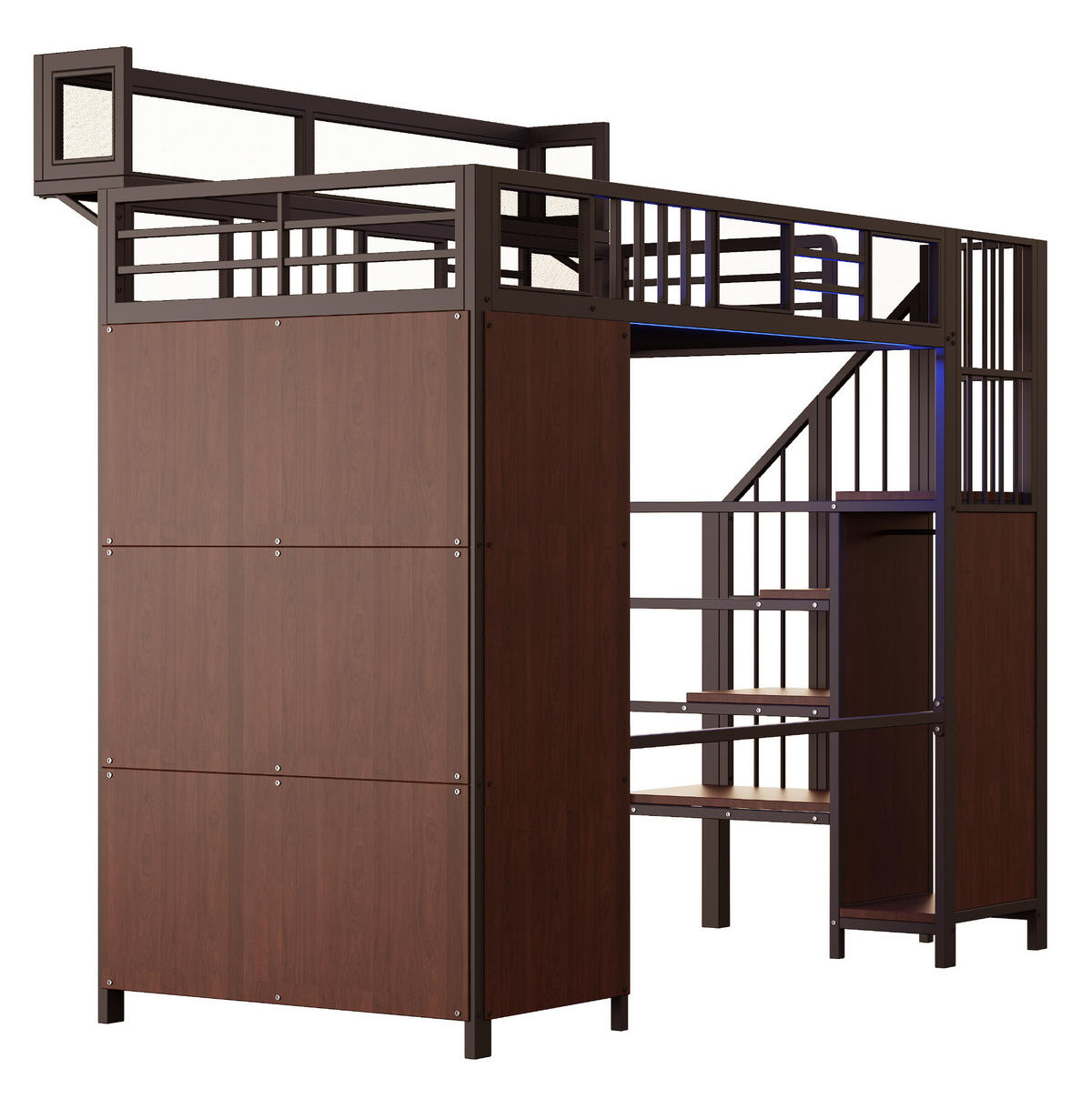 HOCHBETT 90/200 cm aus Metall/Holz mit Kleiderschrank, Stauraumleiter und LED-Beleuchtung Schwarz - Schwarz, Metall (90/200cm) - Modenvie