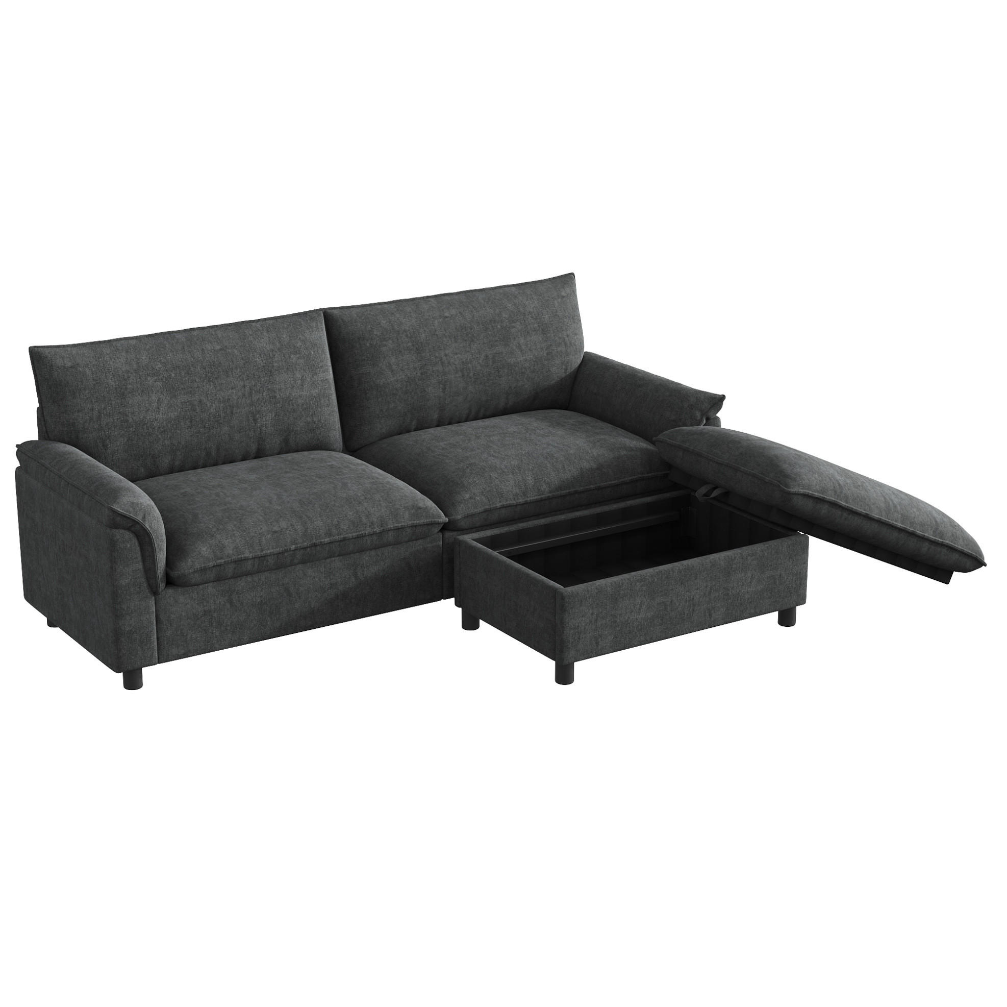 ECKSOFA 216/77/82 cm mit beweglichem Hocker, Stauraum und Schlaffunktion aus Chenille, Schwarz - Schwarz, Textil (216/77cm) - Redom