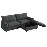ECKSOFA 216/77/82 cm mit beweglichem Hocker, Stauraum und Schlaffunktion aus Chenille, Schwarz - Schwarz, Textil (216/77cm) - Redom
