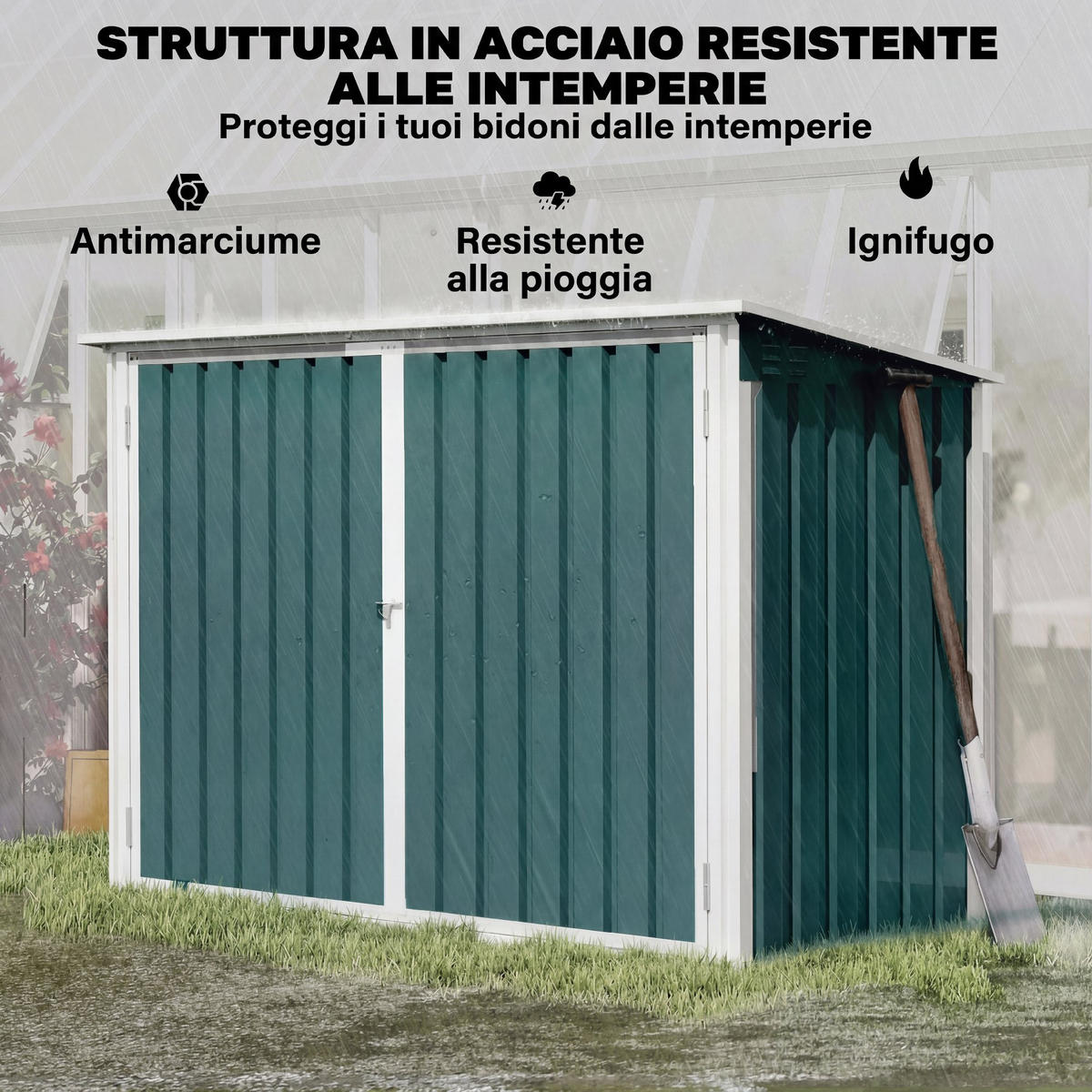 GARTENHAUS Stahl-Mülltonnenbox für den Außenbereich mit Doppeltür,180x108x130cm - Grün, Metall (108/129.5/179.5cm) - Vallsero
