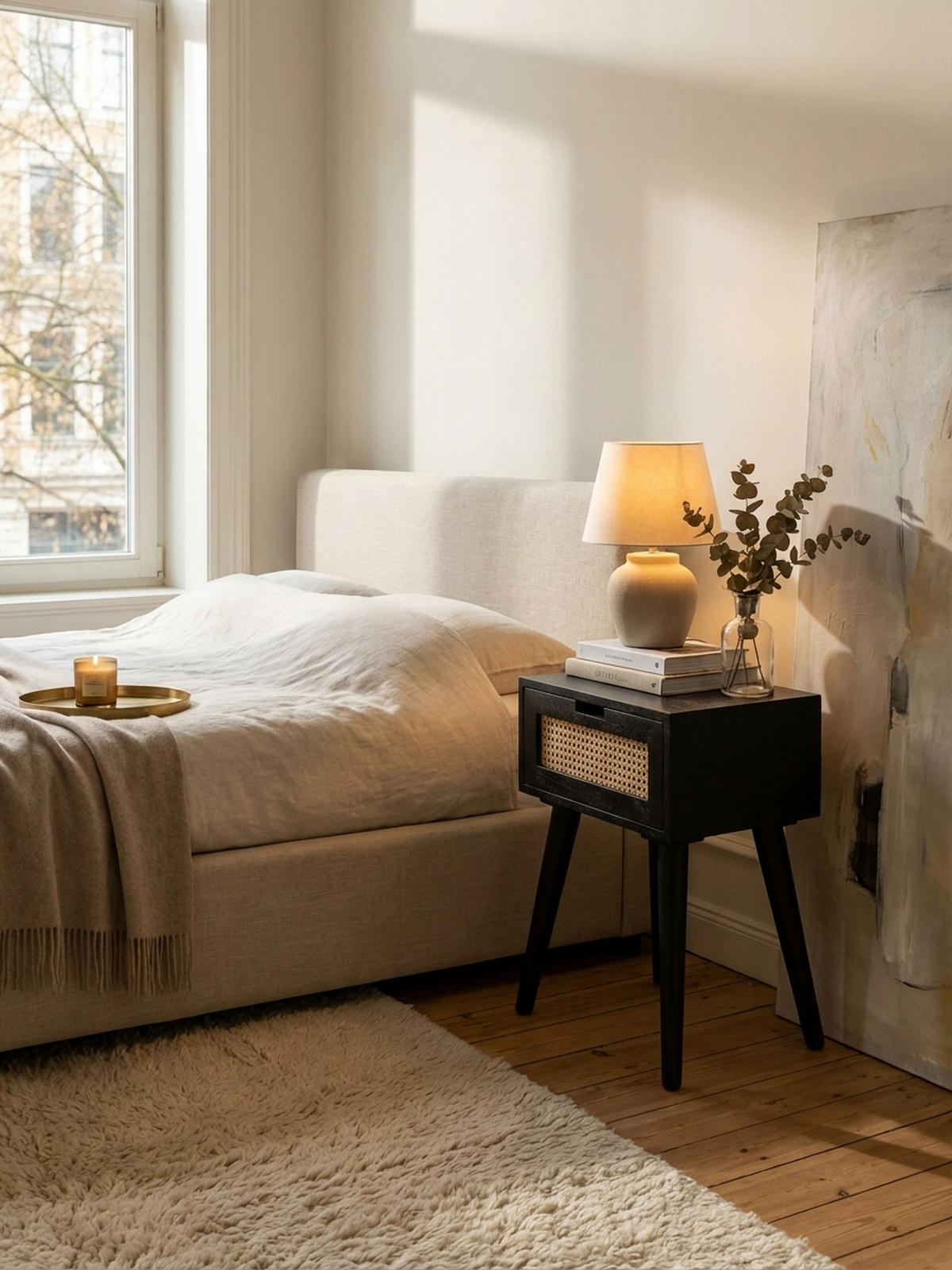 NACHTTISCH – Mango Massivholz/Rattan, 40x60x30 cm, Schwarz, 1 Schublade, Wiener Geflecht - Schwarz, Holz (40/60/30cm) - KADIMA DESIGN