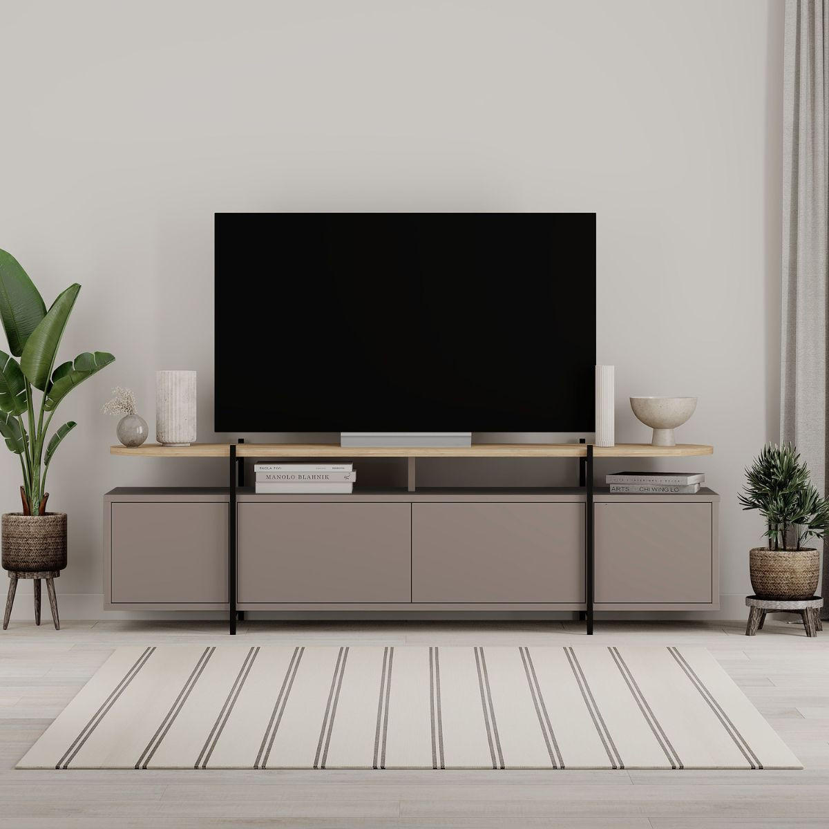 TV-MÖBEL mit 4 Türen und Metallfüßen L160 cm - Hinoa - Taupe, Holzwerkstoff (38.5/48/160cm) - Calicosy