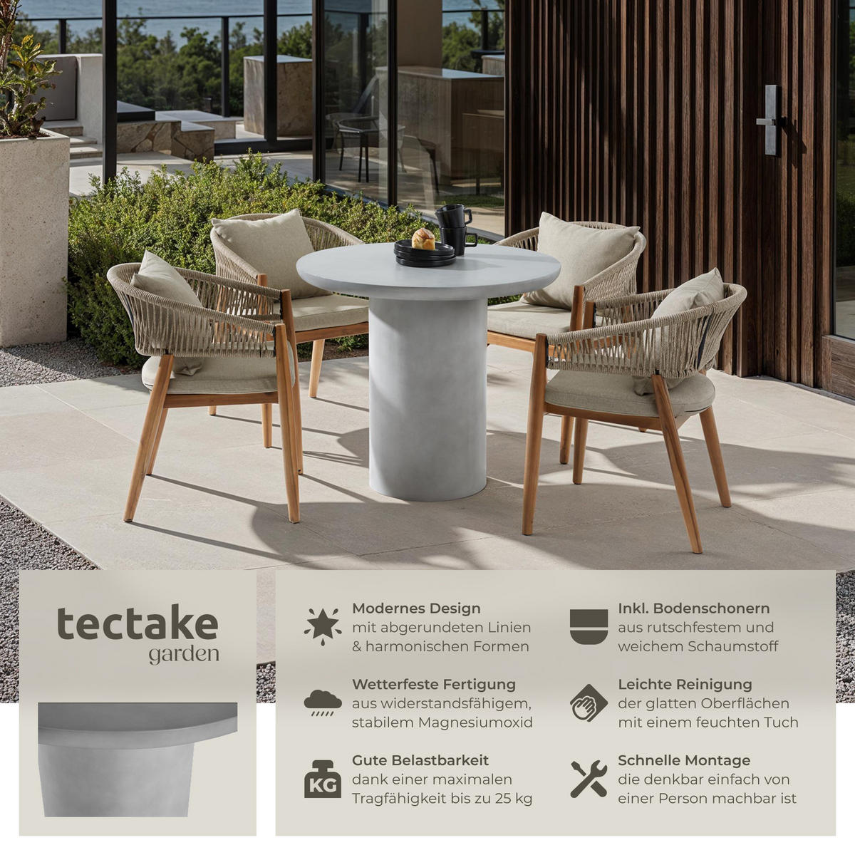 RUNDER-GARTENTISCH Talmi,inkl. Bodenschoner, 86,5 x 75,5 cm,betongrau - Grau, Keramik (86.5/86.5/75.5cm) - tectake