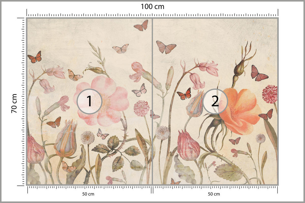 FOTOTAPETE für Kinderzimmer Wiesenblumen Aquarell Schmetterlinge Boho 100x70 - Beige/Rot, Papier (100/70cm) - Muralo