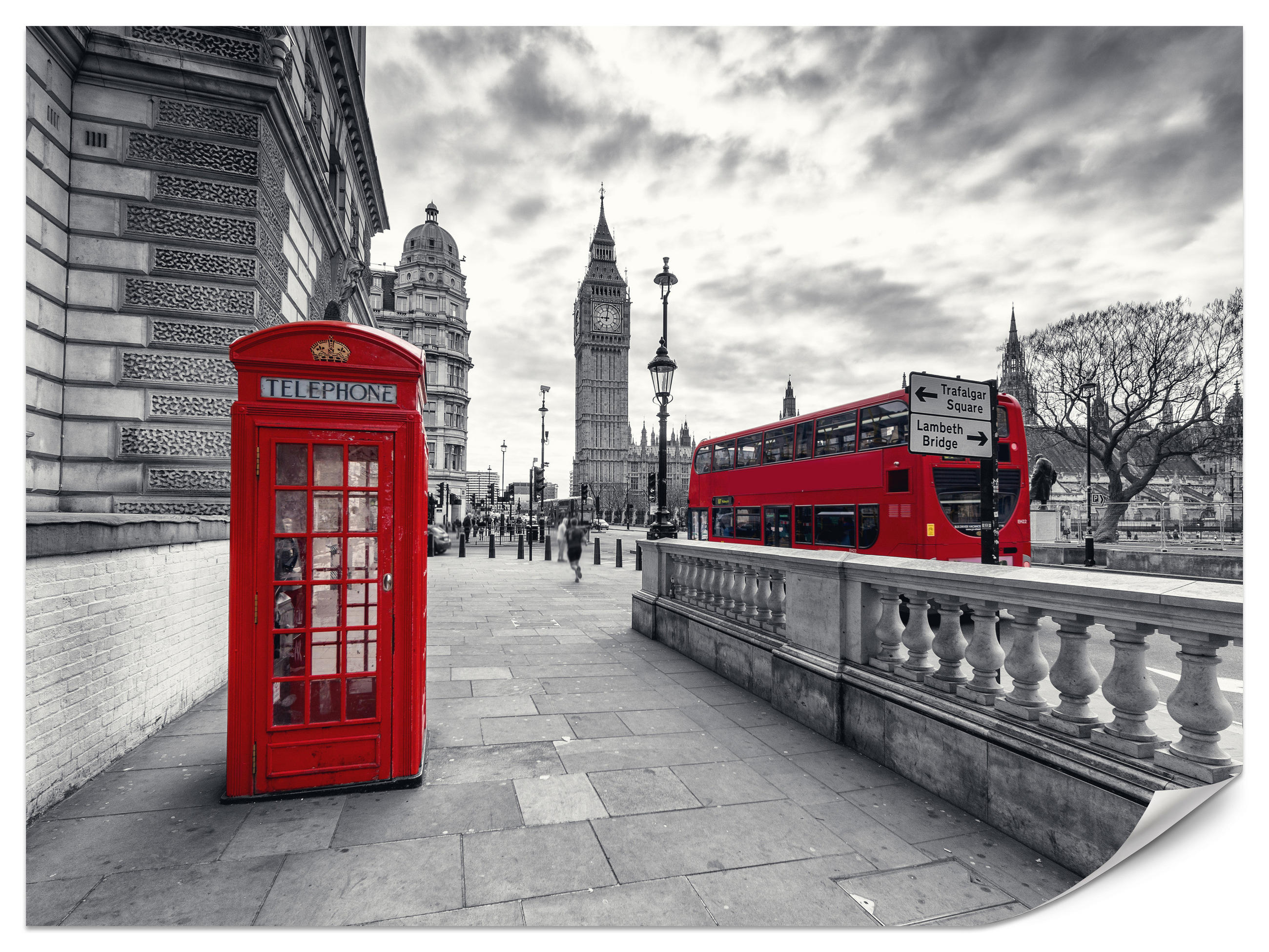 FOTOTAPETE für Wohnzimmer Rote Telefonzelle London Monument BIG BEN Bus 250x175 - Rot/Weiß, Papier (250/175cm) - Muralo