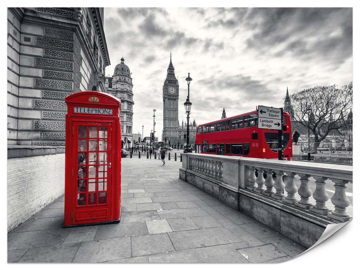 FOTOTAPETE für Wohnzimmer Rote Telefonzelle London Monument BIG BEN Bus 250x175 - Rot/Weiß, Papier (250/175cm) - Muralo