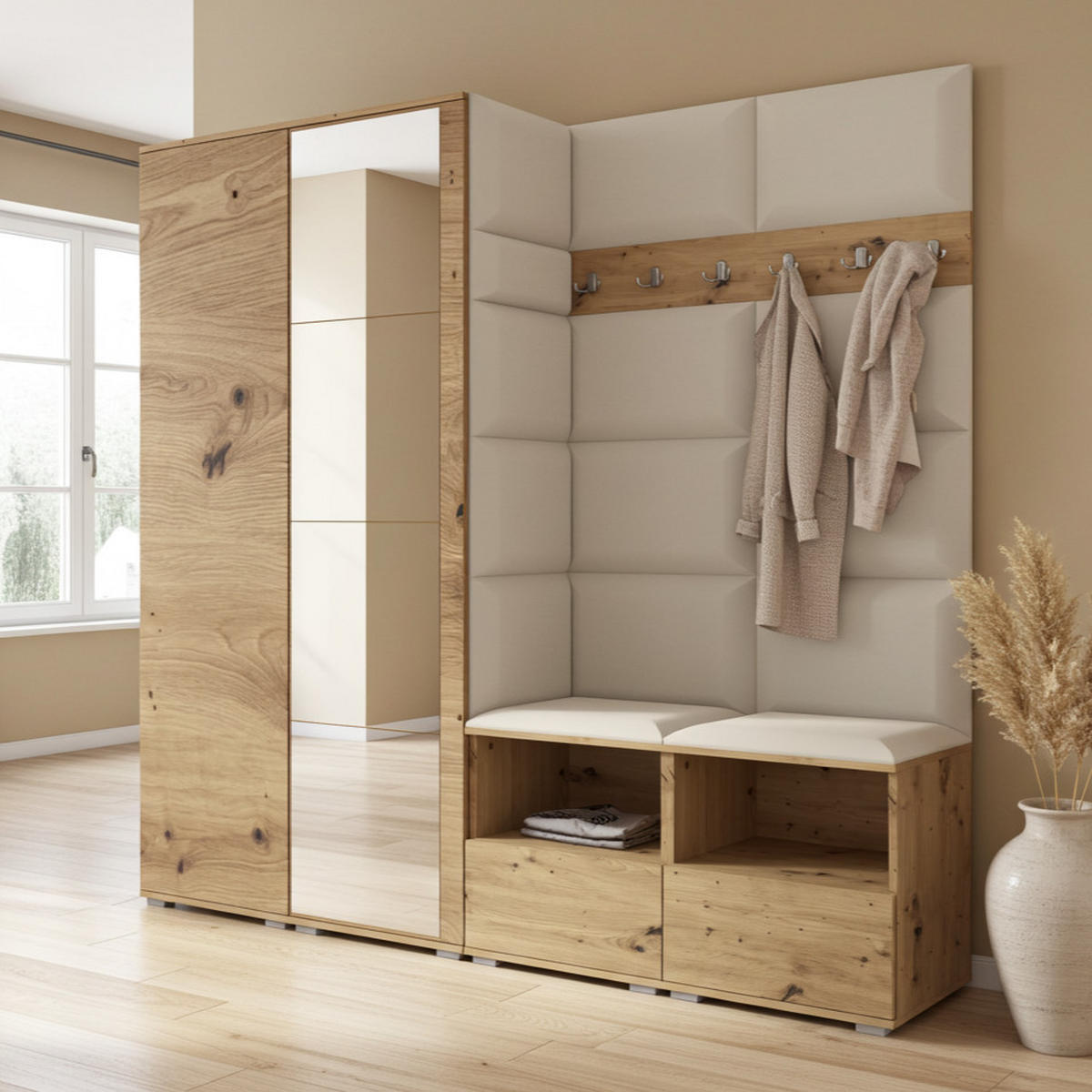 GARDEROBE NELA VI 200 cm (Kompaktgarderobe Artisan Eiche mit Spiegel & Sitzpolster Creme 01 Schrank & Paneel) - Silberfarben/Creme, Holz/Holzwerkstoff (200/187/40cm) - Ravio