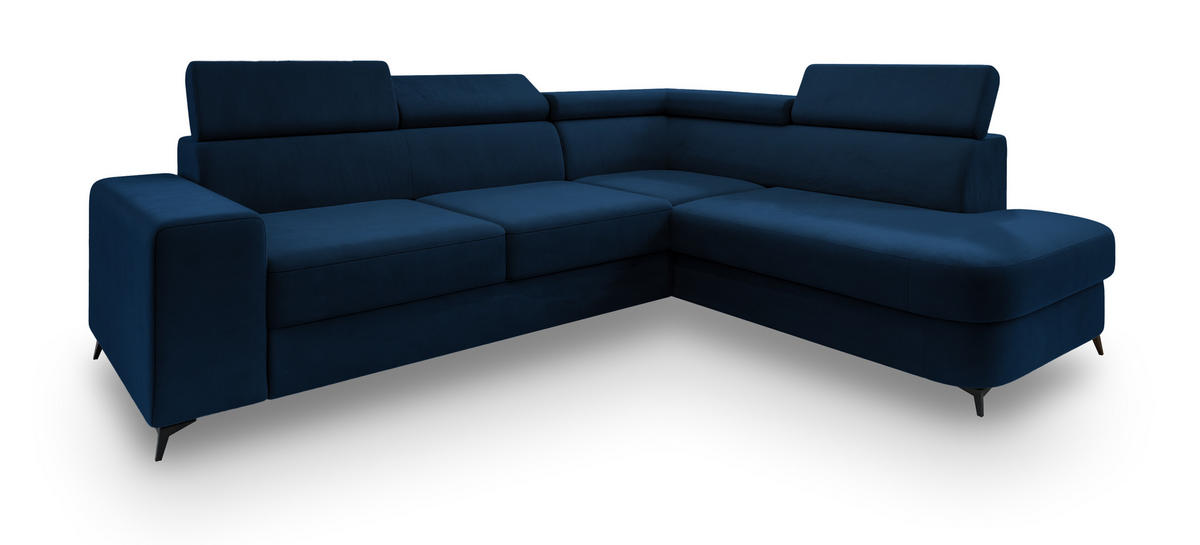 ECKSOFA ALVORO R-S Blau Velours-Stoff mit Schlaffunktion - Blau, Holz (253/190cm) - MASSENO