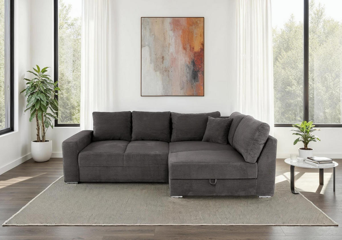 ECKSOFA-DAUERSCHLÄFER Boxspring Federkern Topper Bettkasten, seitenverkehrt montierbar B260/T181/H88 cm, Cord Grau Anthrazit / 15233 - Chromfarben/Schieferfarben, Textil/Metall (260/181cm) - luma-home