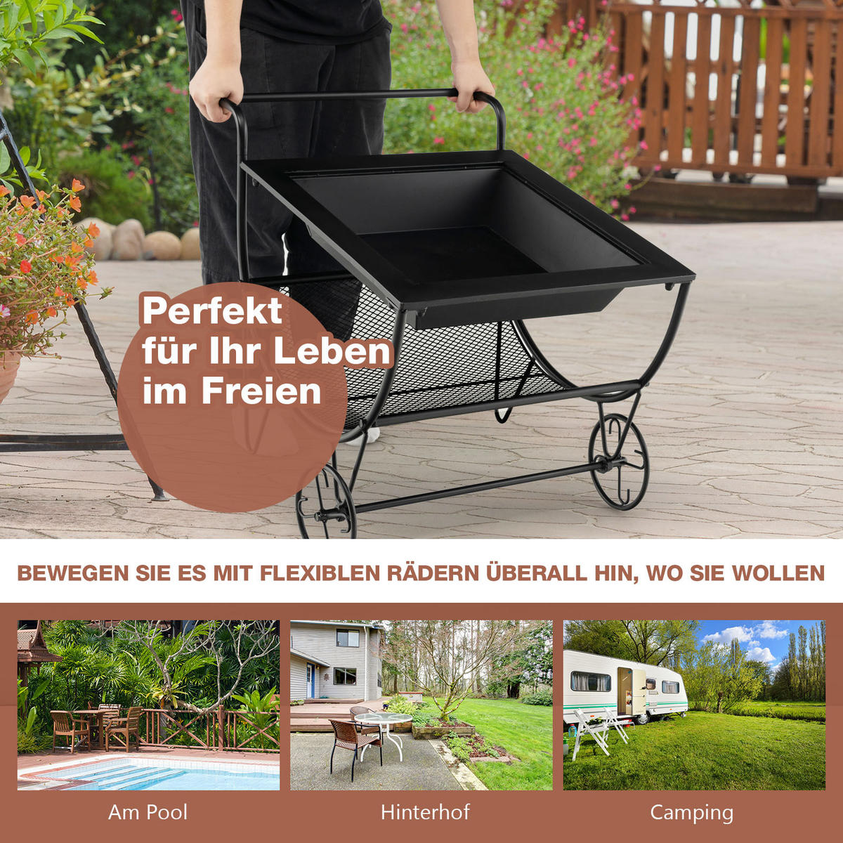 BRENNHOLZREGAL Schwarz - Schwarz, Metall (59/57/76cm) - COSTWAY