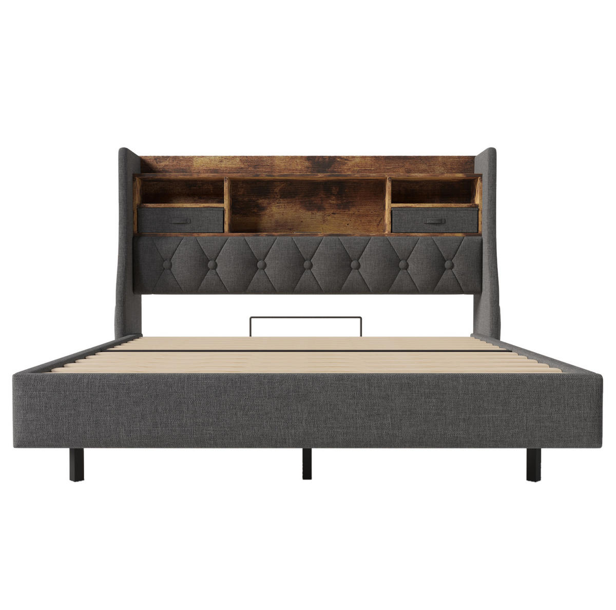 POLSTERBETT aus Leinen 140x200 cm Grau mit LED-Beleuchtung, Ladestation und Stauraum am Kopfteil - Grau, Textil (140/200cm) - IVMEU