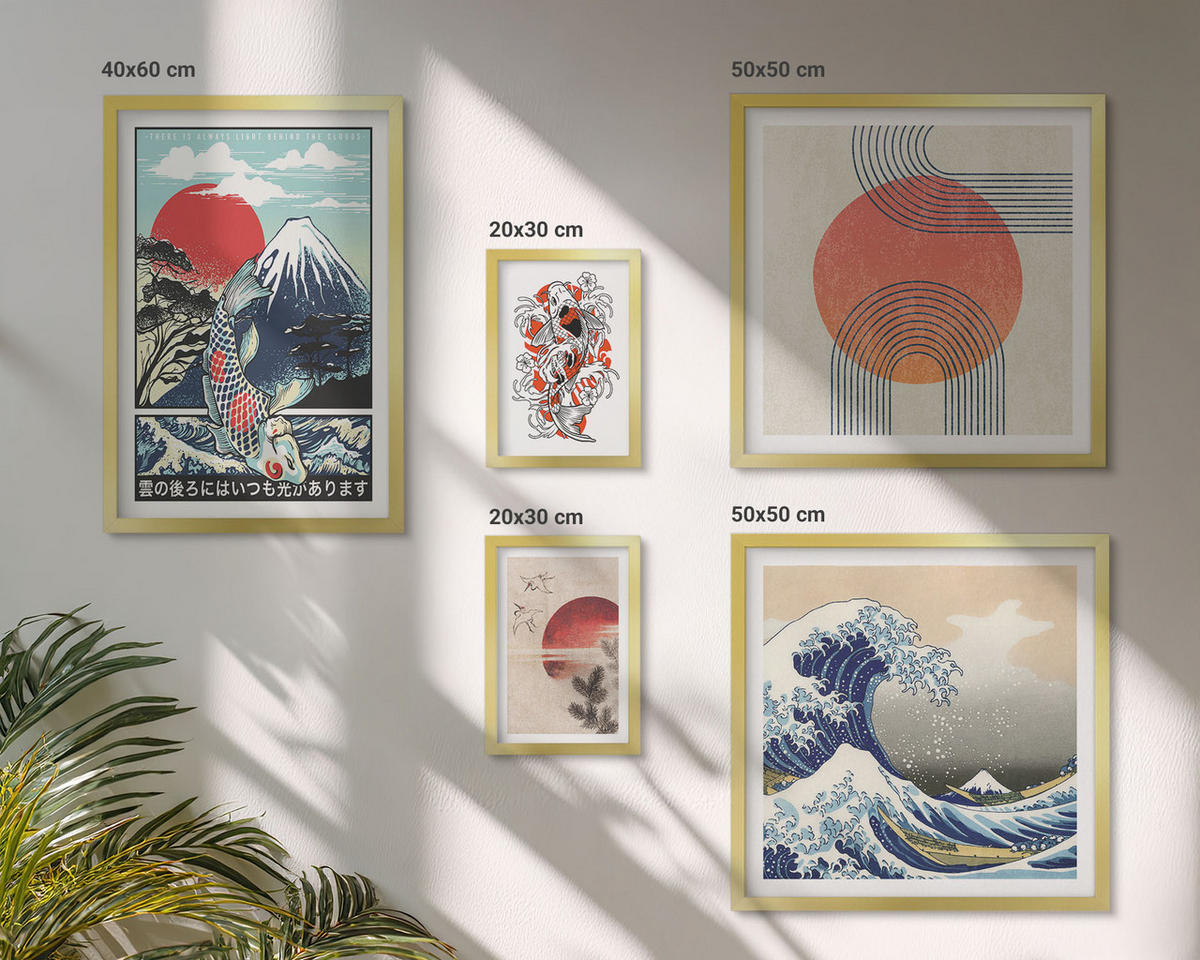 WANDBILDER 5er Set - 50x50 cm & 20x30 cm & 40x60 cm Goldrahmen - Illustrationen von Fischbergen, die sich in Japan ausbreiten - Goldfarben, Kunststoff (40/60cm) - ArtPrintCave