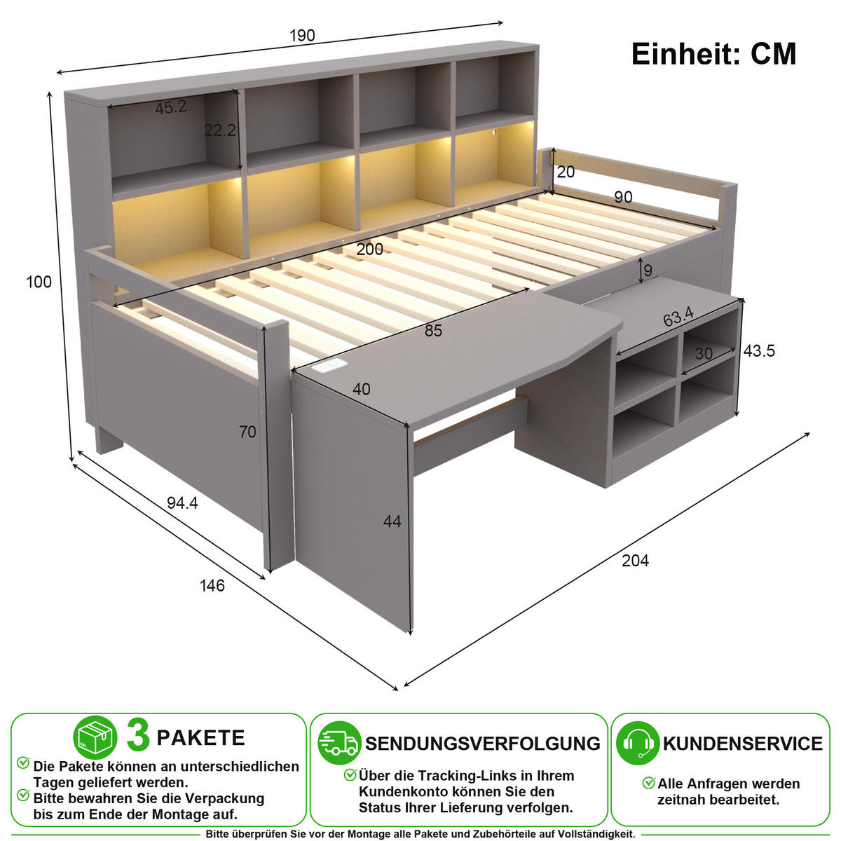 HOCHBETT 90/200 cm in Grau mit Schreibtisch, Stauraum und LED - Grau, Holz/Holzwerkstoff (90/200cm) - CHICFURN