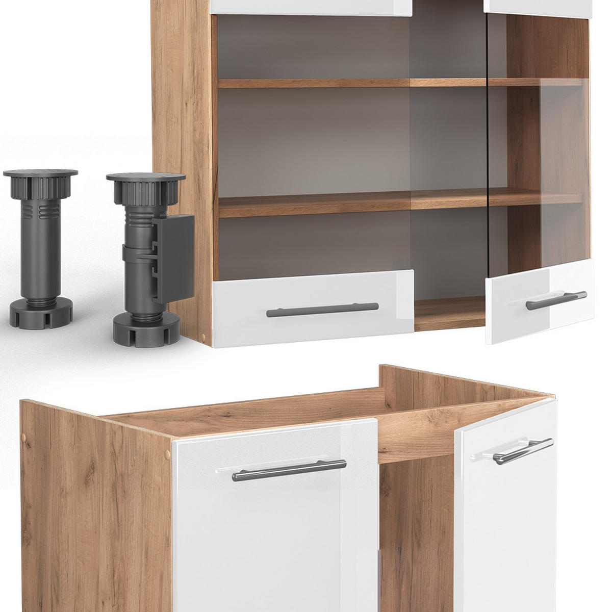 KÜCHENZEILE Fame-Line Weiß Hochglanz/Goldkraft Eiche 200 cm ohne AP - Honigeiche/Weiß Hochglanz, Holzwerkstoff (200/81.6/46cm) - Vicco
