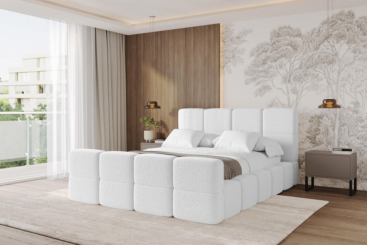POLSTERBETT mit Bettkasten und Lattenrost mit Matratze H3/H4, Kopfteil, Boxbett, mit Stauraum - NATA-Z 160x200 Weiß - Weiß, Holzwerkstoff/Textil (160/200cm) - ALTDECOR