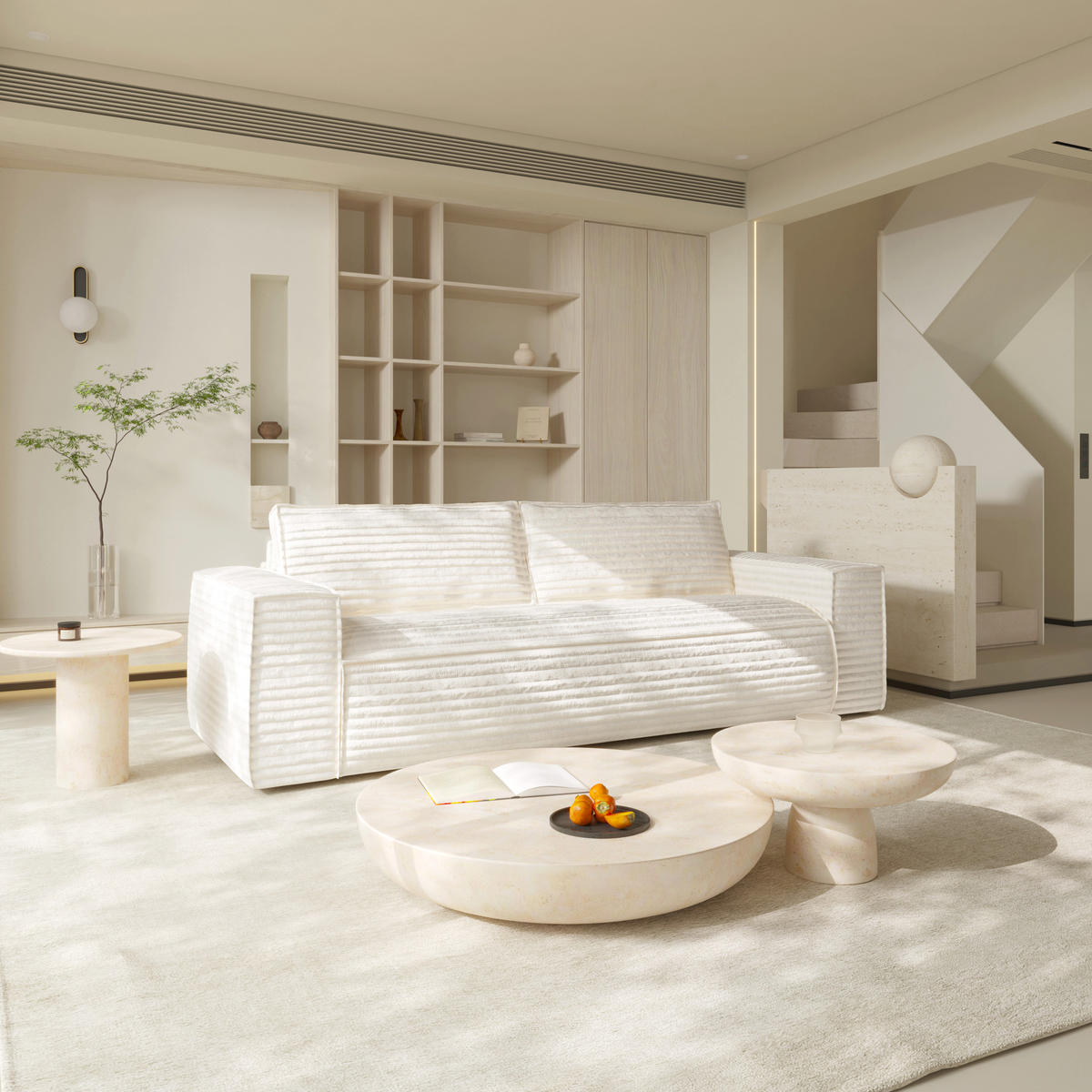 SCHLAFSOFA GERADE Gerippter Samt Creme 234cm - Creme, Textil (234/90/100cm) - Sia Home