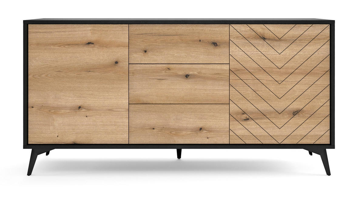 KOMMODE mit Schubladen 154 cm Emerald - Loft, Schwarz, Evoke Eiche - Braun, Holz (154/77/39cm) - Emporius