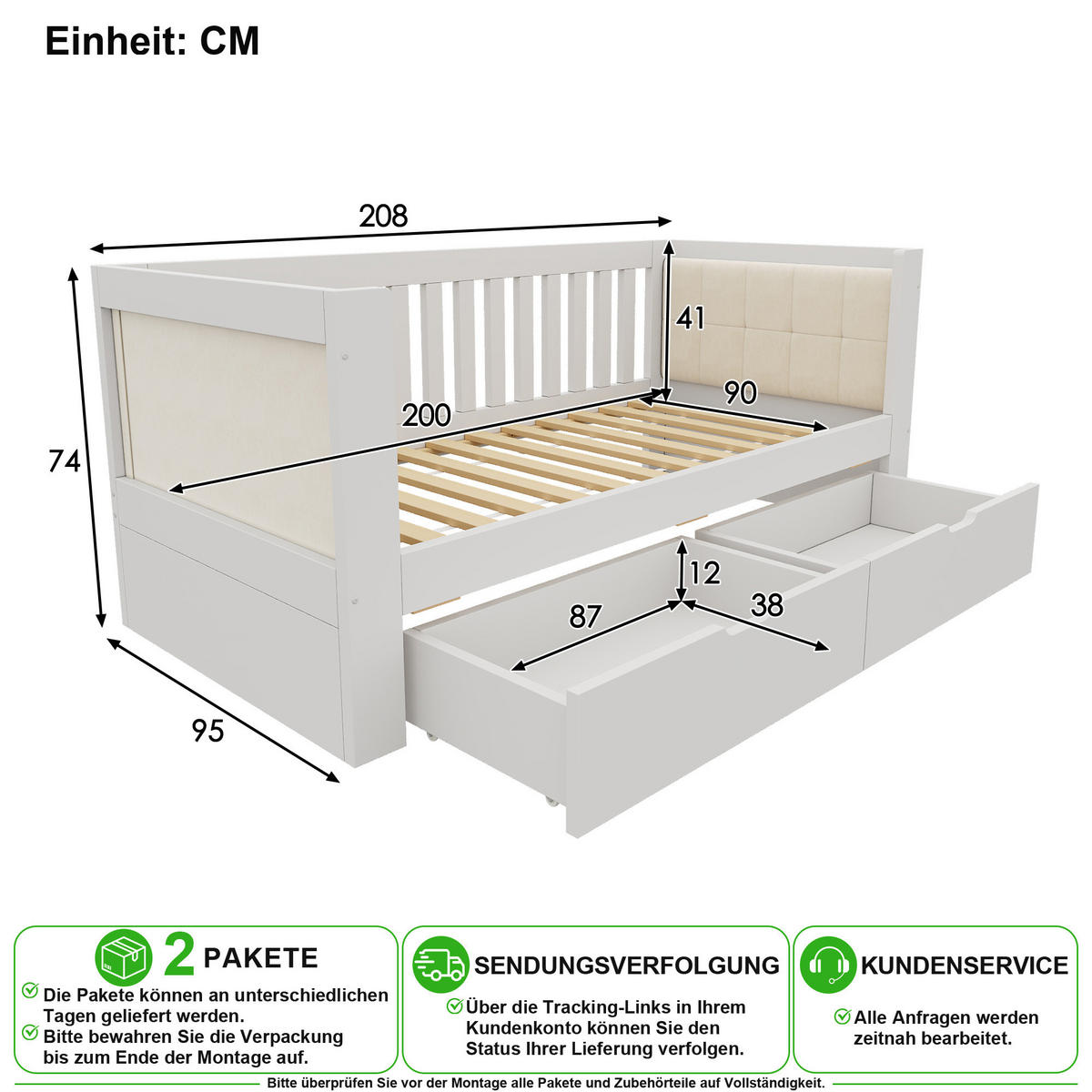 BETT 90/200 cm in Weiß mit 2 Schubladen Holz - Weiß, Holz/Holzwerkstoff (90/200cm) - CHICFURN