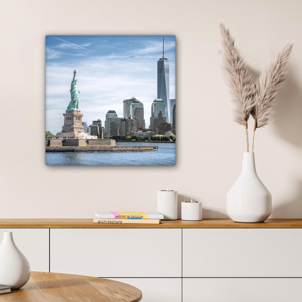 LEINWANDBILD New York - Freiheitsstatue - Wasser Wandbild Wohnzimmer 50x50 cm - Hellblau, Textil (50/50cm) - MuchoWow