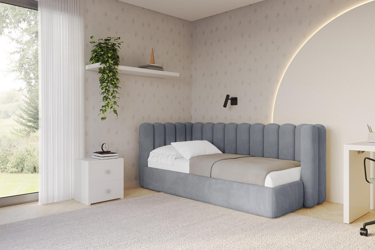 EINZELLBETT Jugendbett mit Bettkasten und Matratze H3/H4, Rechts - HUGY 100x200 Grau - Blaugrau, Holzwerkstoff/Textil (100/200cm) - ALTDECOR