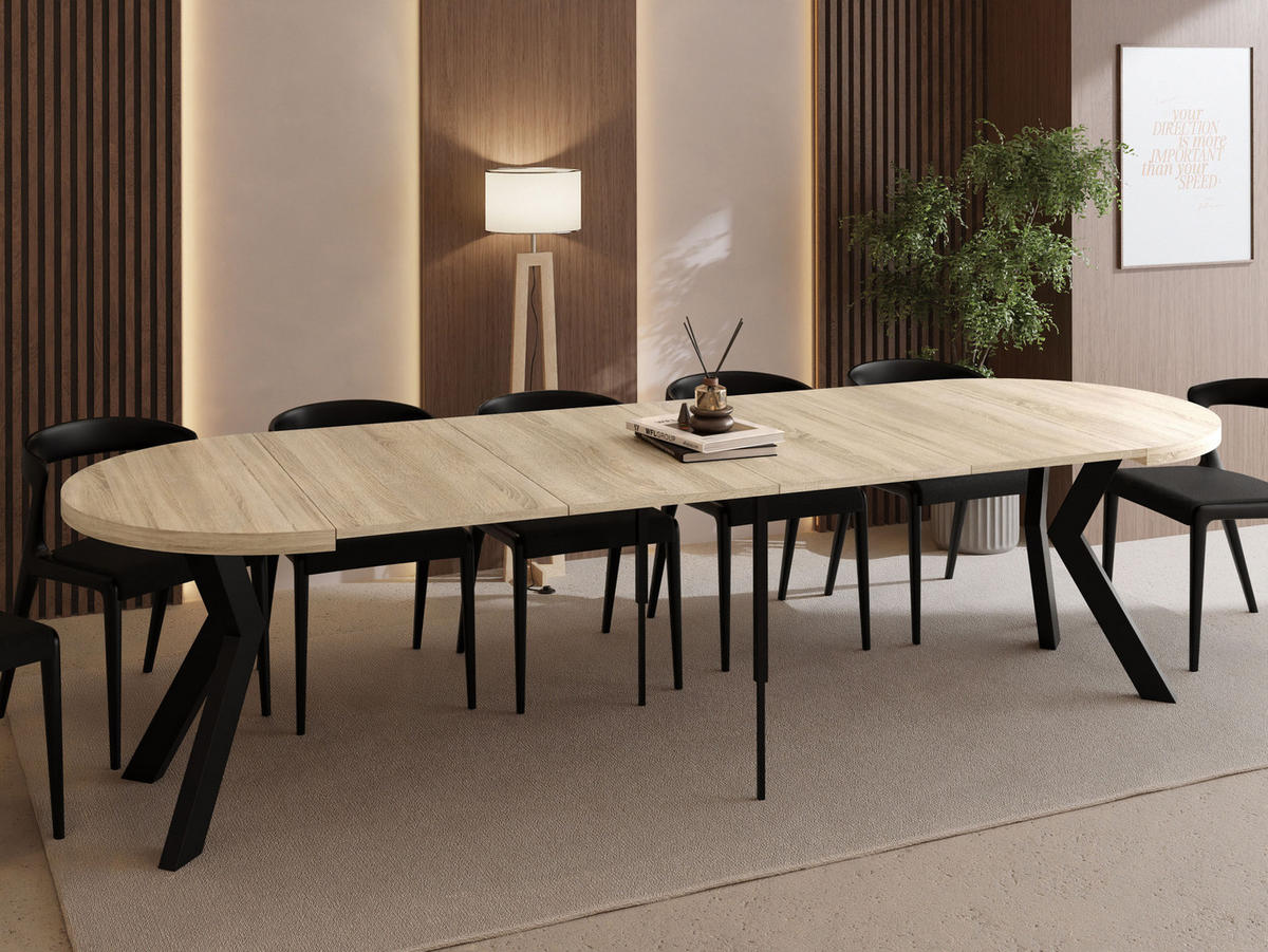 ESSTISCH Savio rund ausziehbar verlängerbar XXL, Eiche Sonoma Hellbraun 100-300/100/77 cm - Schwarz/Sonoma Eiche, Holz/Holzwerkstoff (100/100/77cm) - WFL GROUP