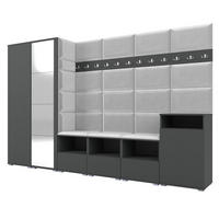 GARDEROBE NELA XII 300 cm (Modulare Flurmöbel Graphit mit Spiegel & Sitzpolster Hellgrau 32 Gigantisches Set) - Silberfarben/Hellgrau, Holz/Holzwerkstoff (300/187/40cm) - Ravio