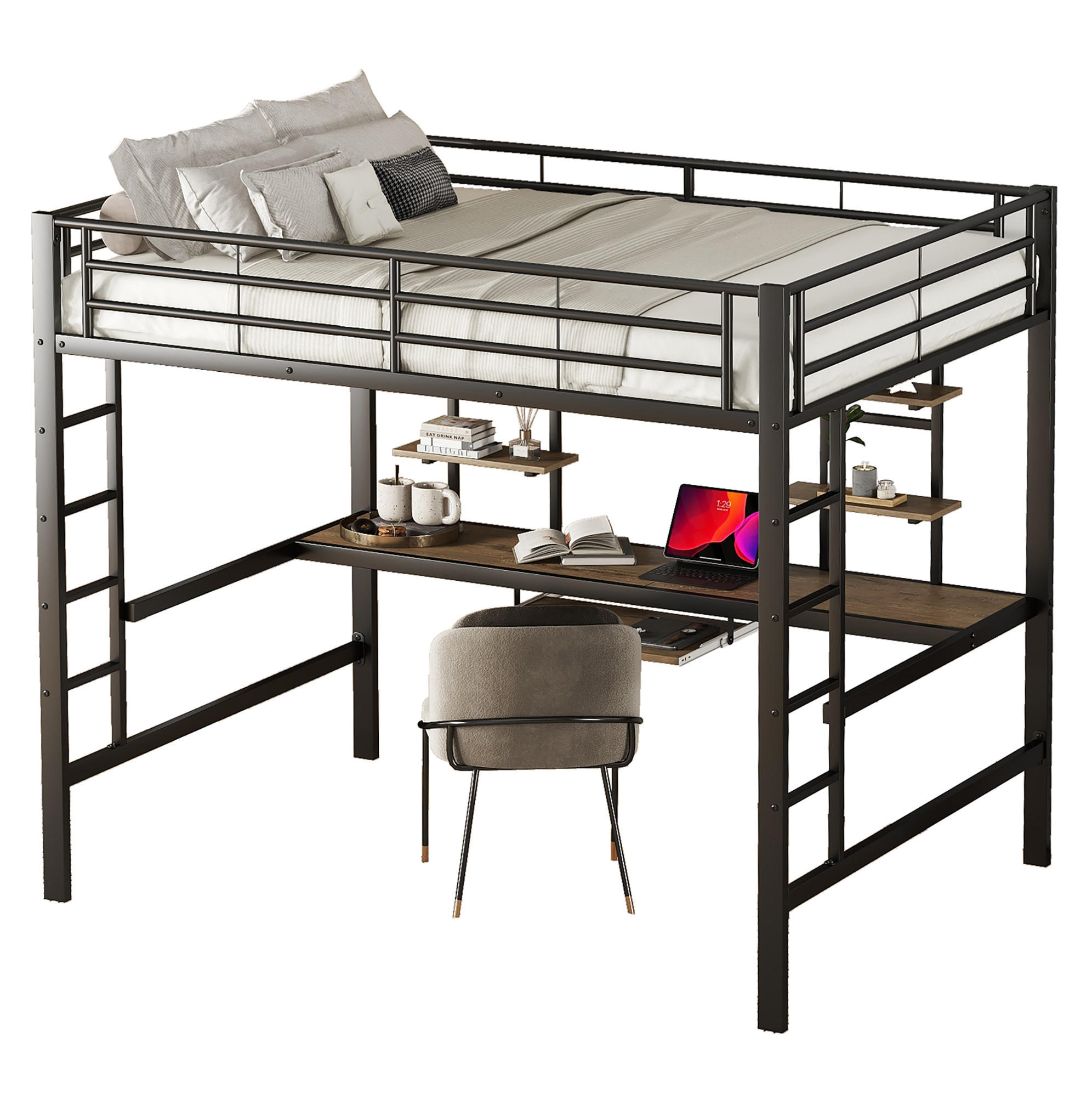 HOCHBETT 140/200 cm Schwarz aus Metall mit Schreibtisch und 2 Regalen - Schwarz, Metall (140/200cm) - OKMYHOME