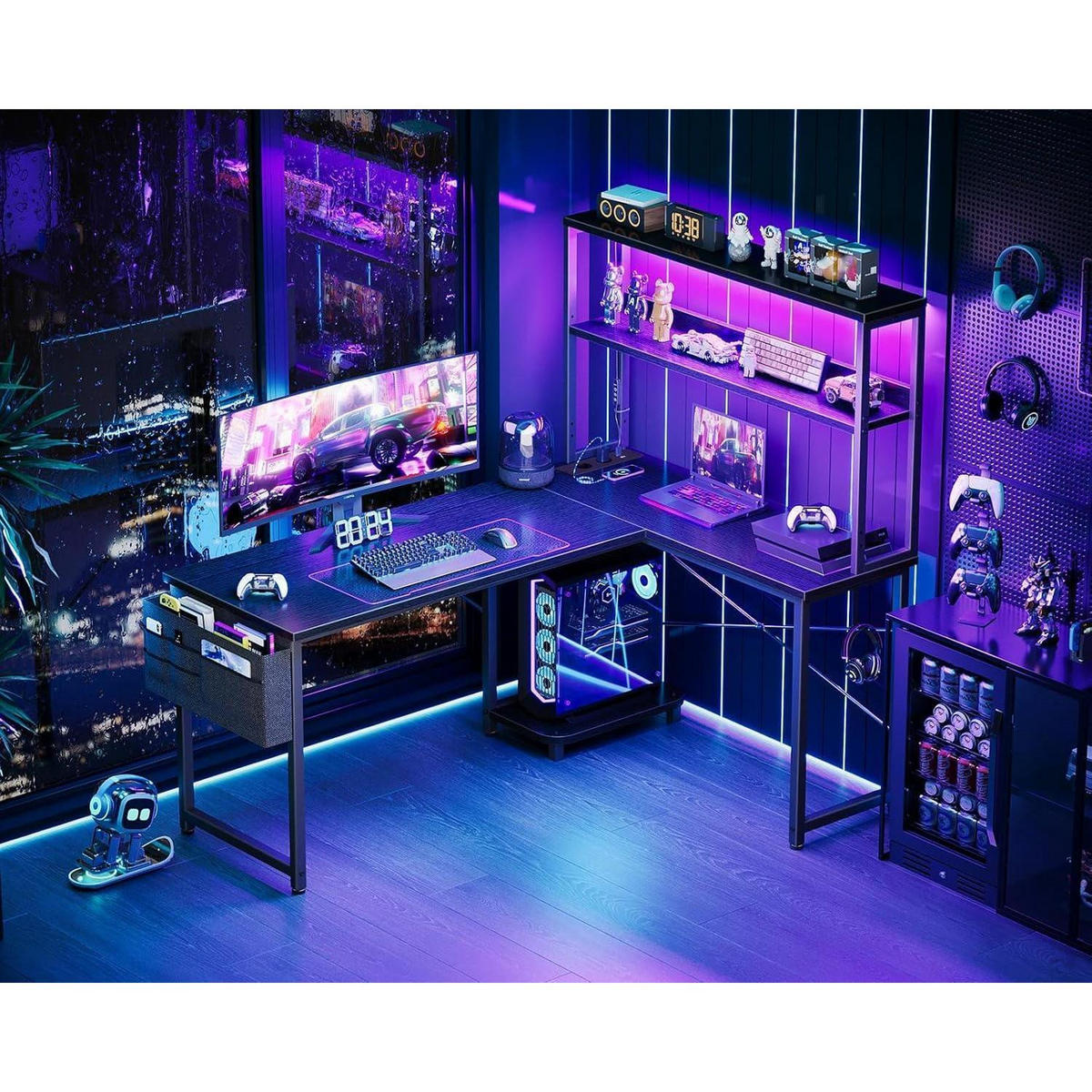 SCHREIBTISCH L-Form mit LED und Steckdosen 135 x 100 cm Schwarz - Schwarz, Holzwerkstoff (80/110/75.6cm)