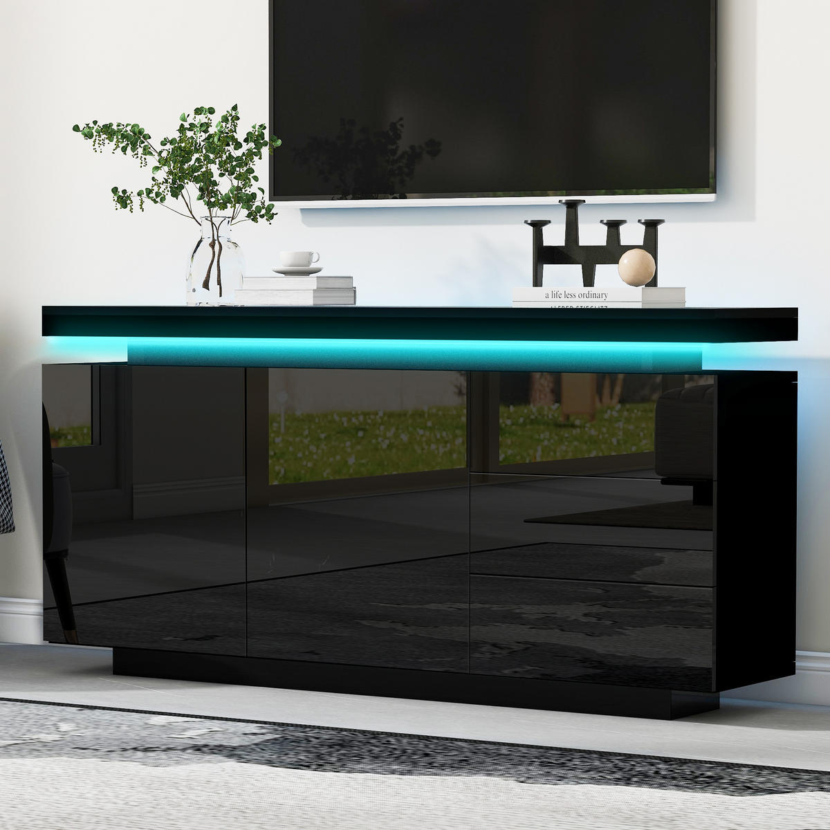 SIDEBOARD LED Hochglanz 2 Türen 3 Schubladen Schwarz 140cm modern - Schwarz, Holzwerkstoff (38/72/140cm) - FLIEKS