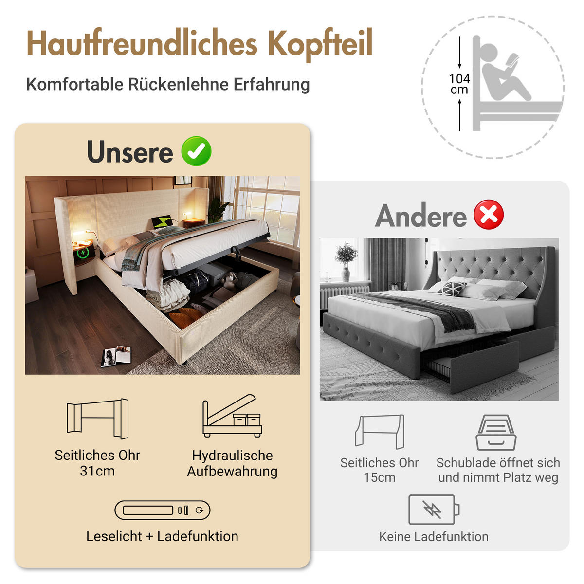 POLSTERBETT 160/200 cm in Beige & Weiß mit Stauraum, Regal, Leselampe, USB und Type-C Cord - Beige, Holzwerkstoff/Textil (160/200cm) - STILVORA