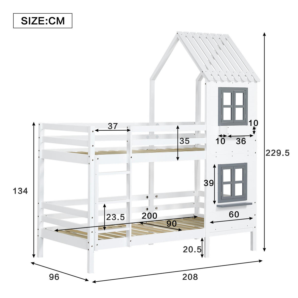ETAGENBETT aus Kiefer und MDF 90x200 cm Weiß/Grau mit Fenster, Handlauf, Fallschutz und Hausdesign - Weiß, Holzwerkstoff (90/200cm) - Modfu