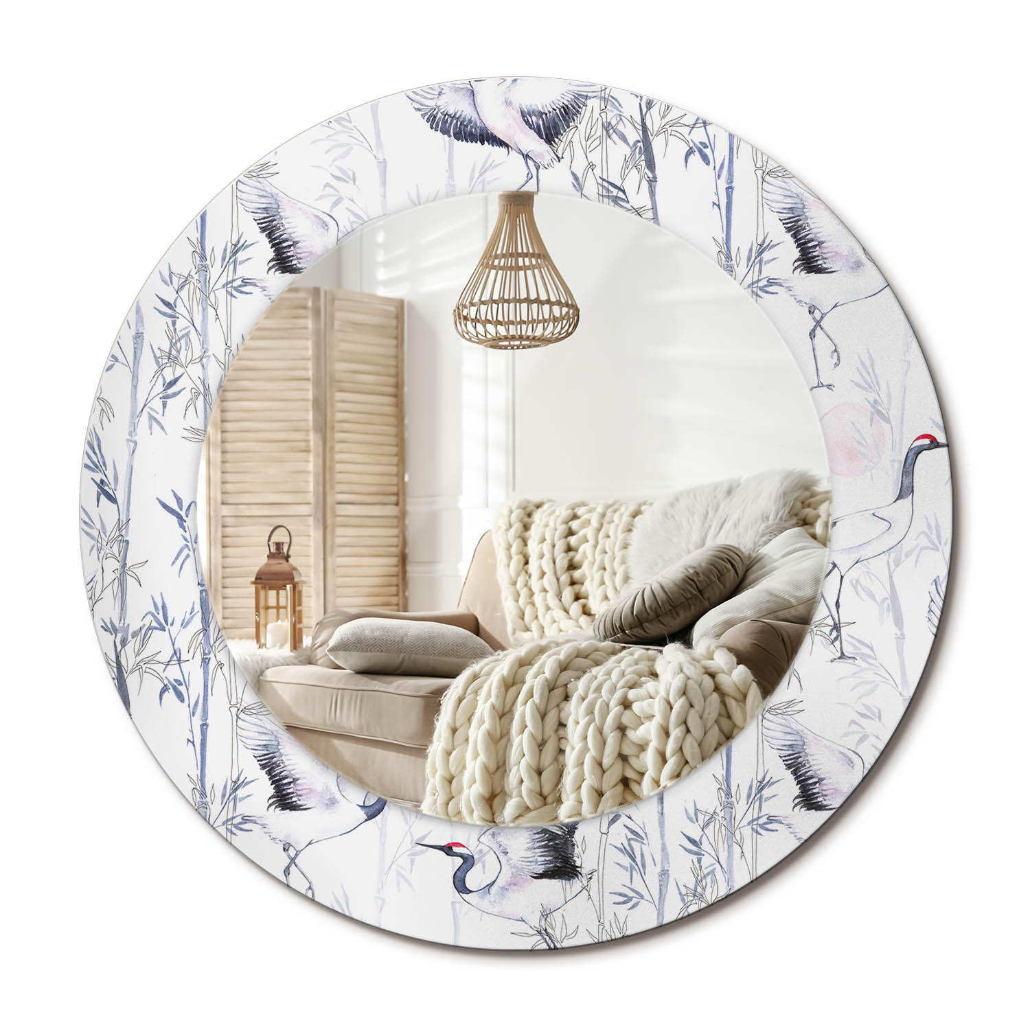 SPIEGEL Rund Ø 50 cm mit Aufdruck - Blau/Weiß, Glas (50/50/0.4cm) - Wallfluent