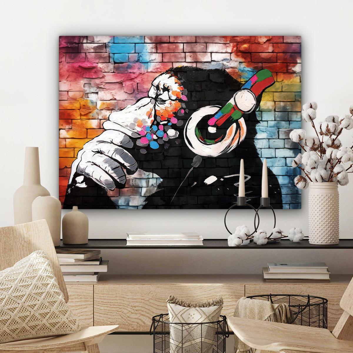 LEINWANDBILD Affe - Graffiti - Musik Wandbilder 80x60 cm - Multicolor, Textil (80/60cm) - MuchoWow