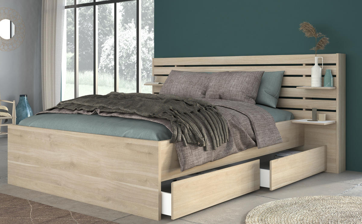 SCHLAFZIMMER komplett Set Stauraumbett 160x200 und Kleiderschrank - Eichefarben, Holz/Holzwerkstoff (160/203/200cm) - Parisot Meuble
