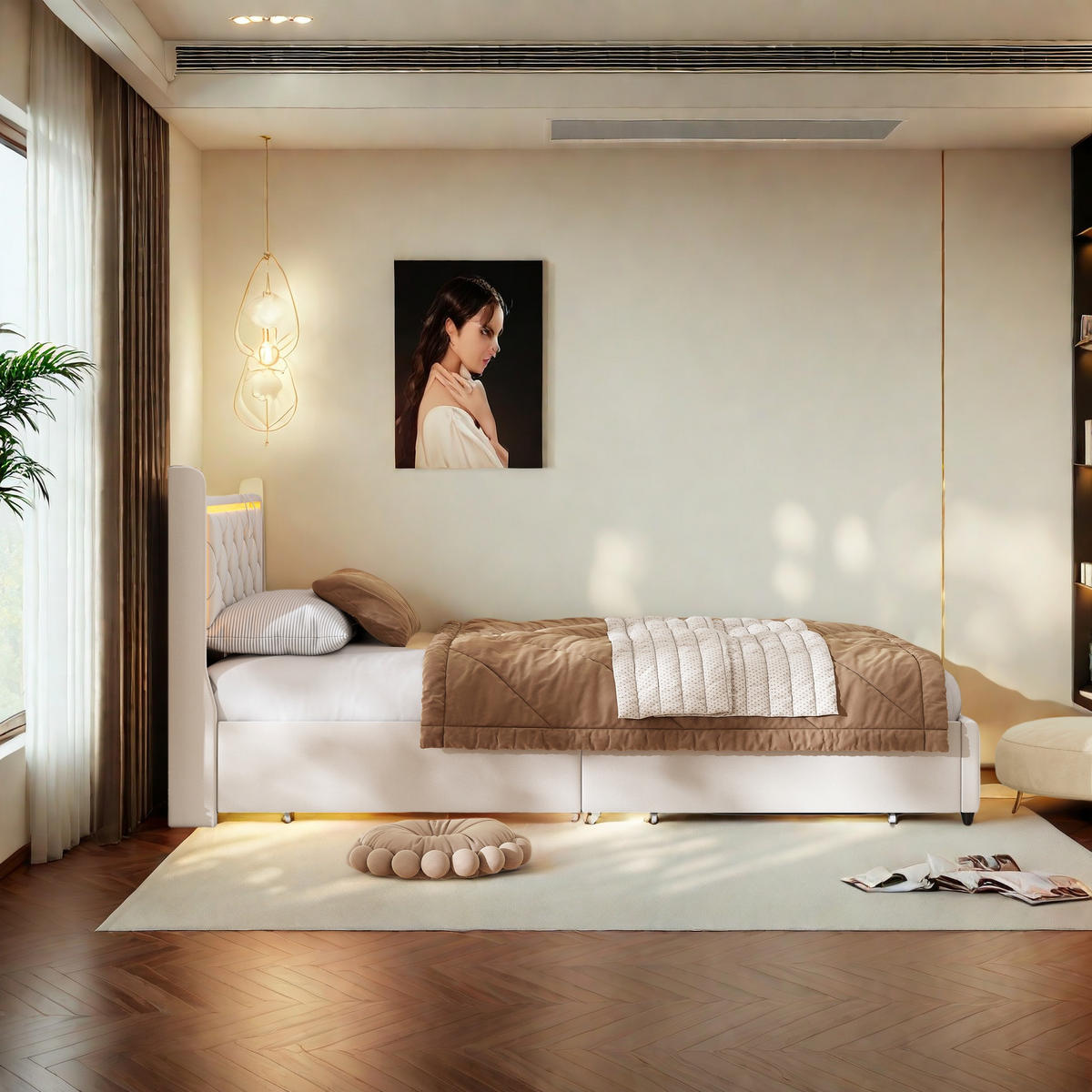 GASDRUCKBETT 90x200 cm, LED-Kopfleuchte, USB, Velours, Beige - Beige, Metall - SHOPENTRA