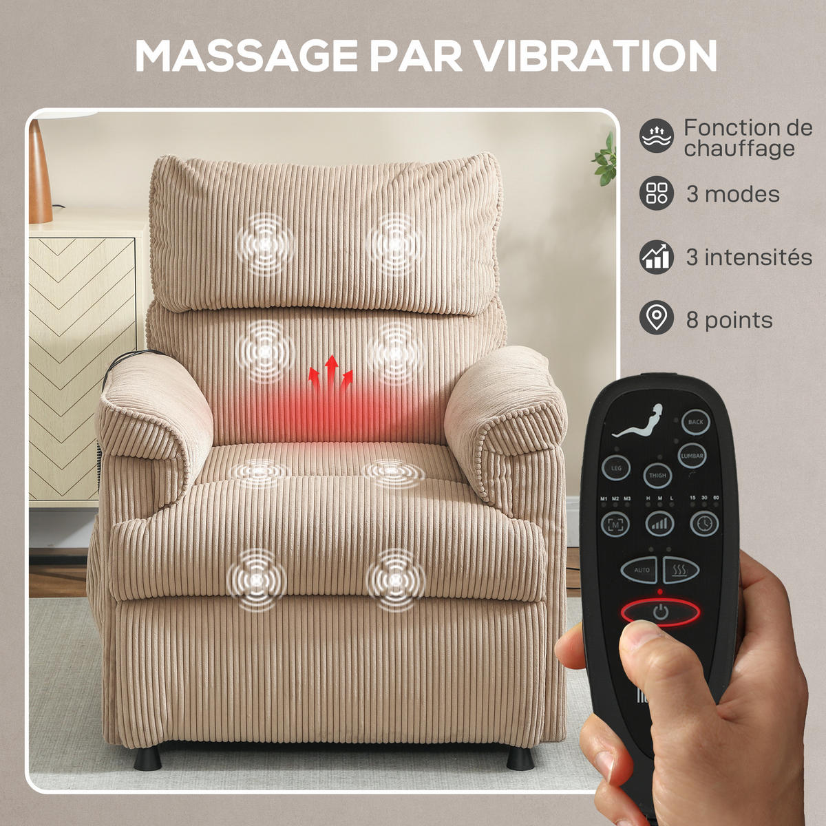 MASSAGESESSEL Braun mit Massagefunktion, Heizfunktion und Liegefunktion 94/86/105 cm - Braun, Textil (94/105/86cm) - PANGIVO