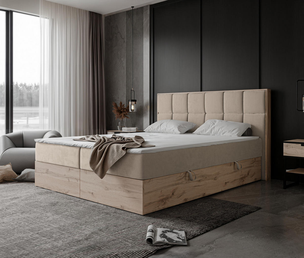 BOXBETT LAVIO II 160/200 cm, in Hellbeige, mit Matratze und Topper - Sandfarben, Holzwerkstoff/Textil (160/200cm) - Idohome