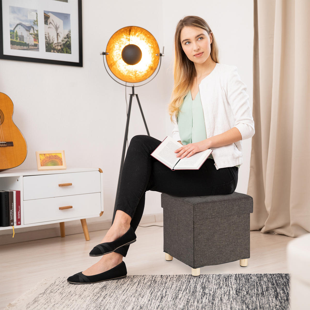 TABURET Hnedý úložný priestor 40 cm - hnedá, kompozitné drevo/textil (38/40/38cm) - Relaxdays