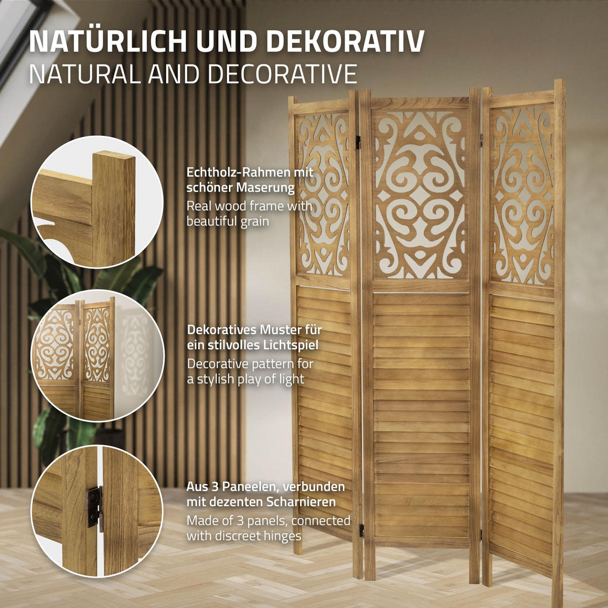 PARAVENT 3 teilig Tokio 170x121 cm Naturaus Holz - Braun, Holz (121/170/2cm) - ML-DESIGN