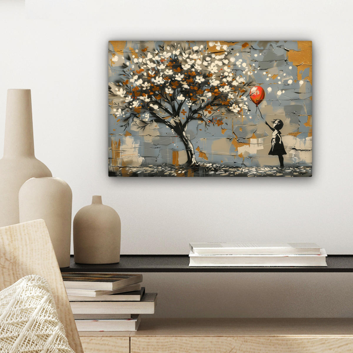 LEINWANDBILD Baum - Graffiti - Banksy-Stil - Ballon-Mädchen Deko Schlafzimmer 30x20 cm - Blaugrau, Textil (30/20cm) - MuchoWow