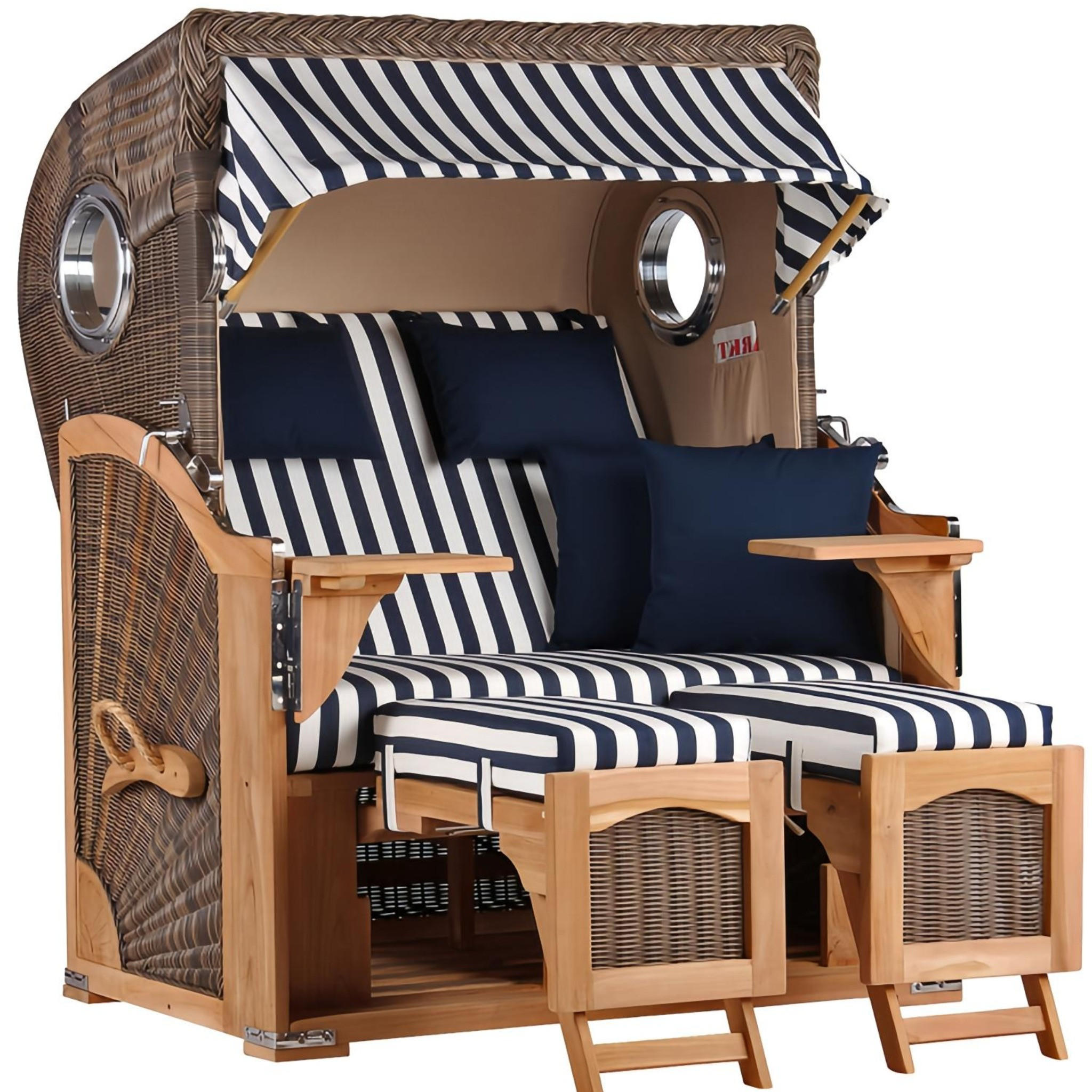 STRANDKORB Düne 2 Sitzer Teak PE Grey - Blau/Braun, Holz/Metall (125/170/80cm) - Mr. Deko