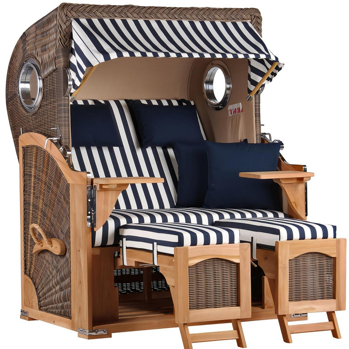 STRANDKORB Düne 2 Sitzer Teak PE Grey - Blau/Braun, Holz/Metall (125/170/80cm) - Mr. Deko