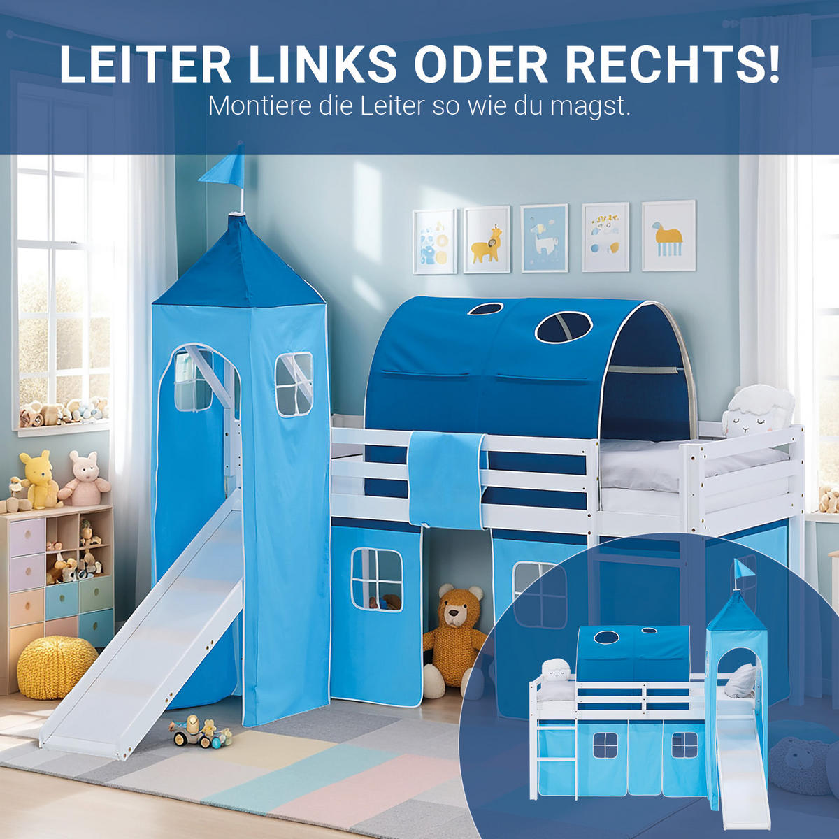 HOCHBETT 90/200 cm in Weiß und Blau mit Rutsche+Lattenrost - Blau/Weiß, Holz/Textil (90/200cm) - Homestyle4u