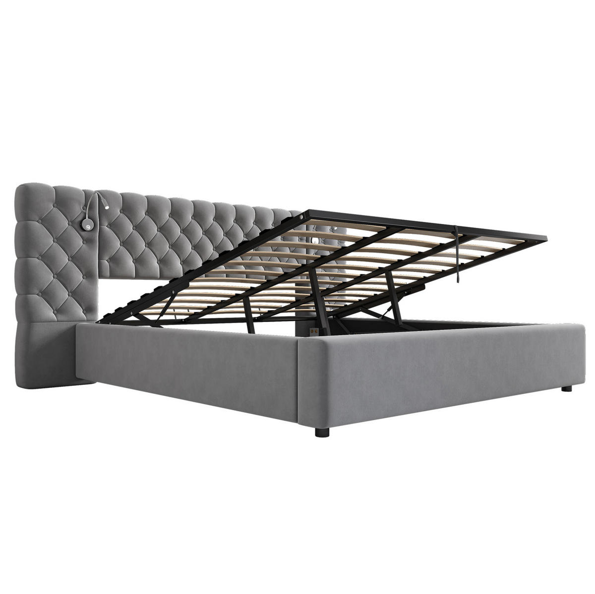 POLSTERBETT aus Samt 180x200 cm in Grau mit LED & Leselicht - Grau, Textil (180/200cm) - Modfu