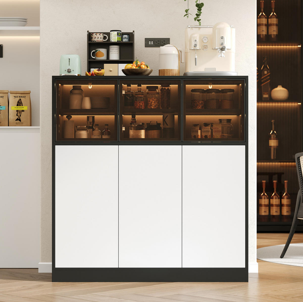 SIDEBOARD 100/40/105 cm schwarz/weiß aus Glas und Spanplatte mit LED - Schwarz, Glas (100/105/40cm) - OKWISH